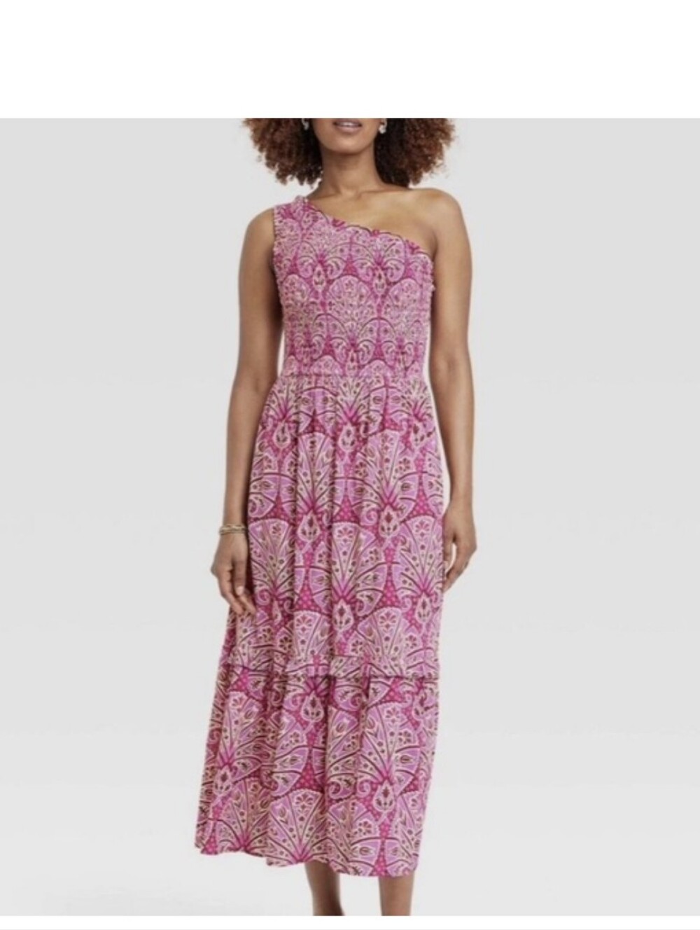 Knox Rose One-Shoulder Pink Printed Tiered Smocked Maxi Dress - Magenta Floral L